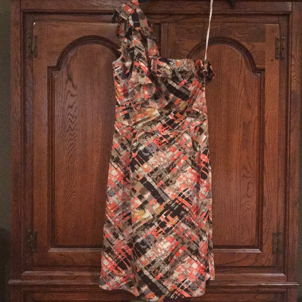 Tahari One Shoulder Dress in Brown and Coral